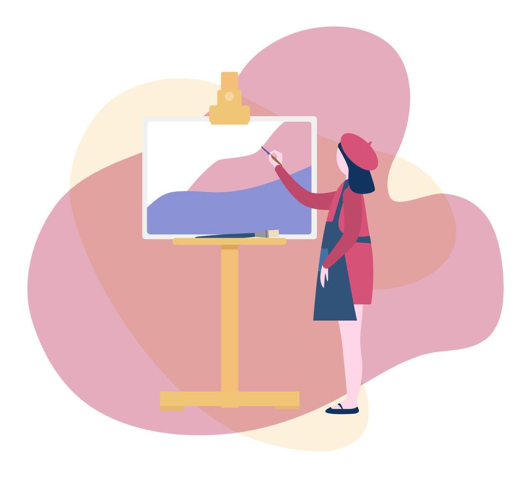 Girl in apron painting standing near easel with canvas flat illustration. vector