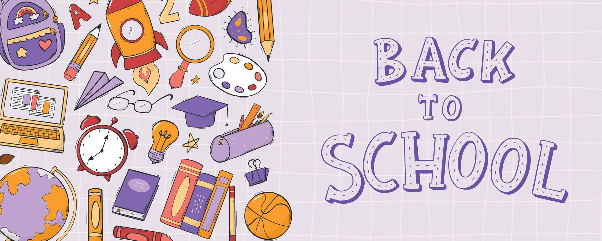 Back to school, education horizontal banner with lettering quote and doodles. Poster, invitation, social media, orint, card design. EPS 10 vector