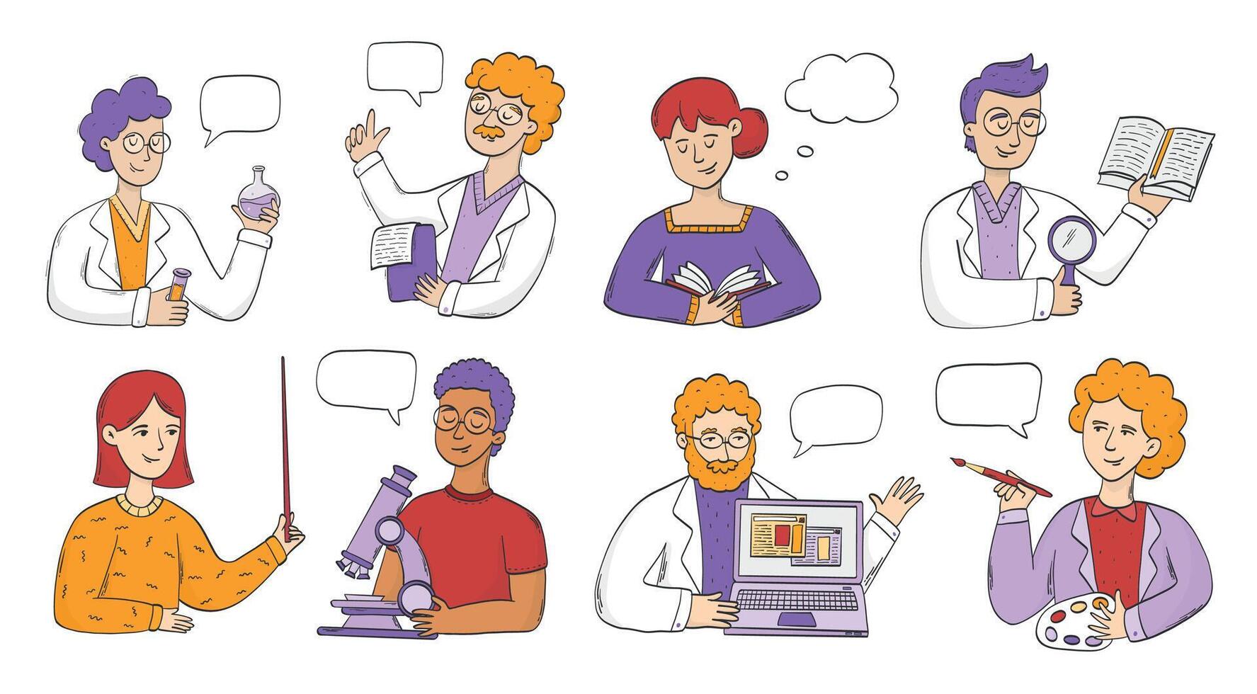 Teachers, professors at school or university collection. Cartoon people isolated on white background. Back to school, education theme. Teacher's day print, card, poster. EPS 10 vector