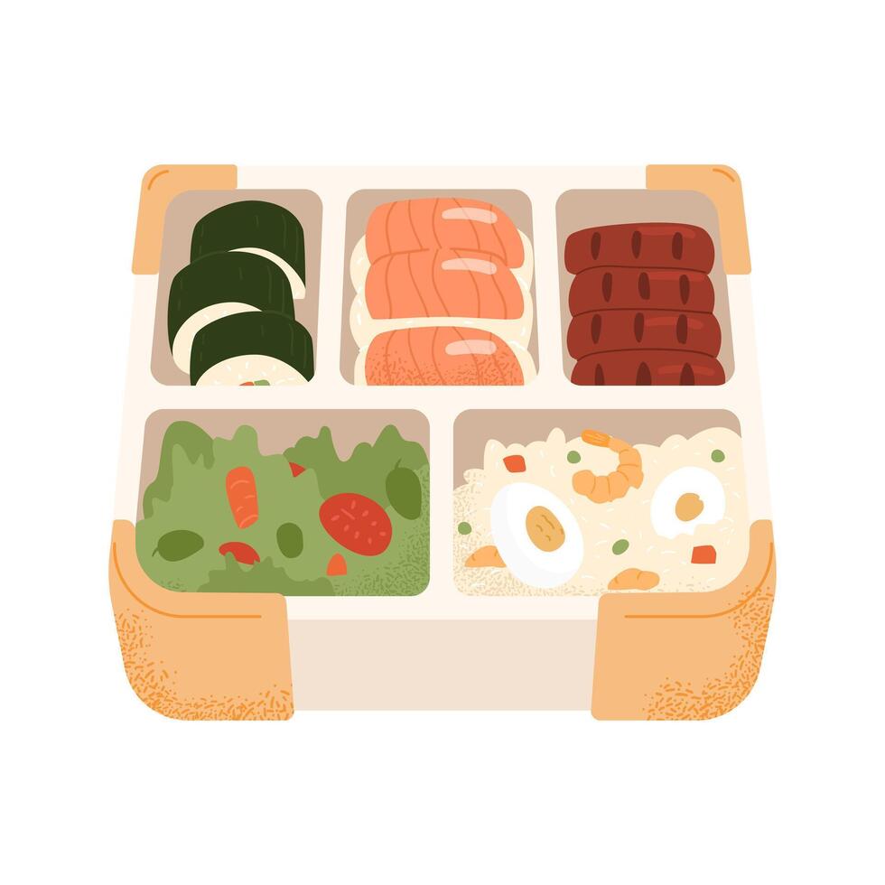 Lunch box or bento box with food illustration isolated on white. Rice with shrimps and eggs, sushi, rolls, sausages and vegetable salad in food container. vector