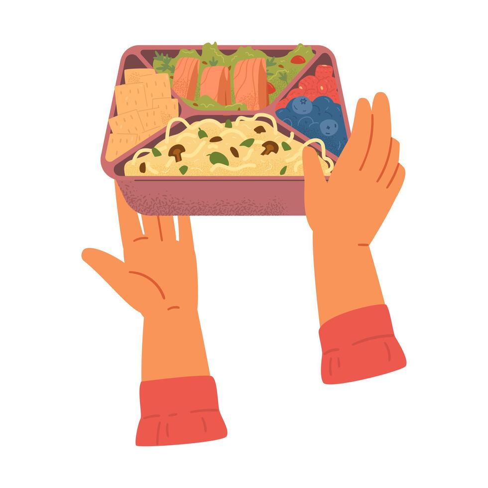 Hands holding bento box with food illustration isolated on white. Pasta with mushrooms, berries, cookies, salmon and salad in food container. vector