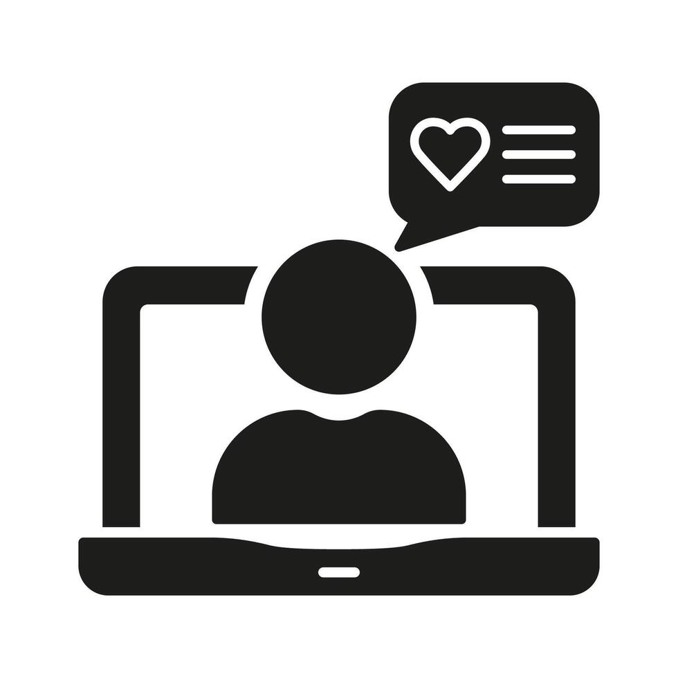 Comment, Feedback, Message Silhouette Icon. Online Chat Glyph Pictogram. Laptop With Man And Speech Bubble Solid Sign. Dialog, Conversation Symbol. Isolated Illustration vector