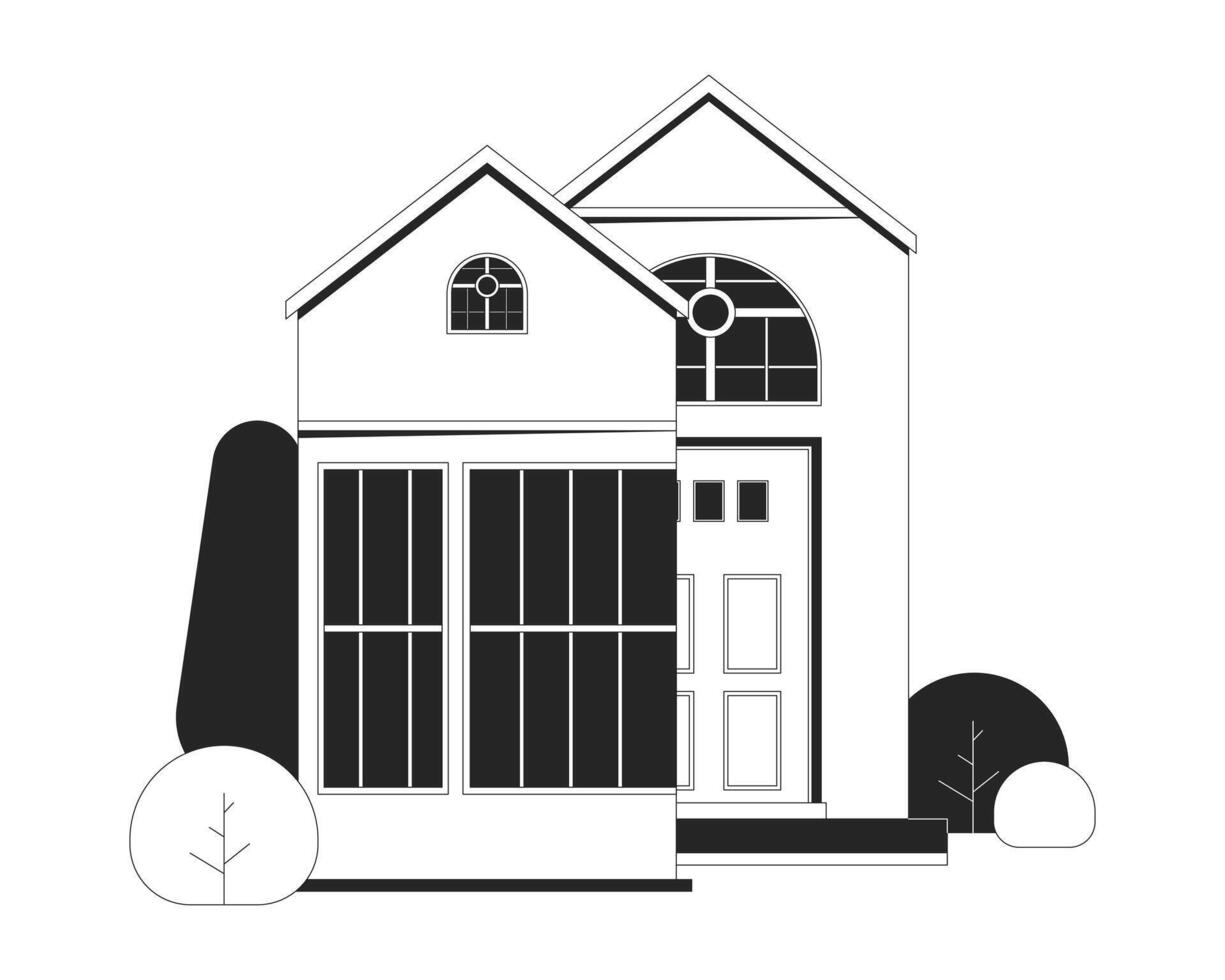 Residential building with glass facade black and white 2D line cartoon object. Apartment house with small garden iisolated outline item. Architecture monochromatic flat spot illustration vector