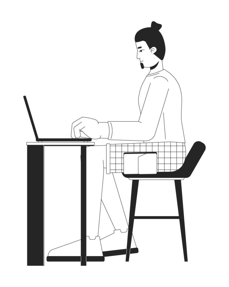 European man working on laptop black and white 2D line cartoon character. Caucasian male freelancer with computer isolated outline person. Remote job monochromatic flat spot illustration vector