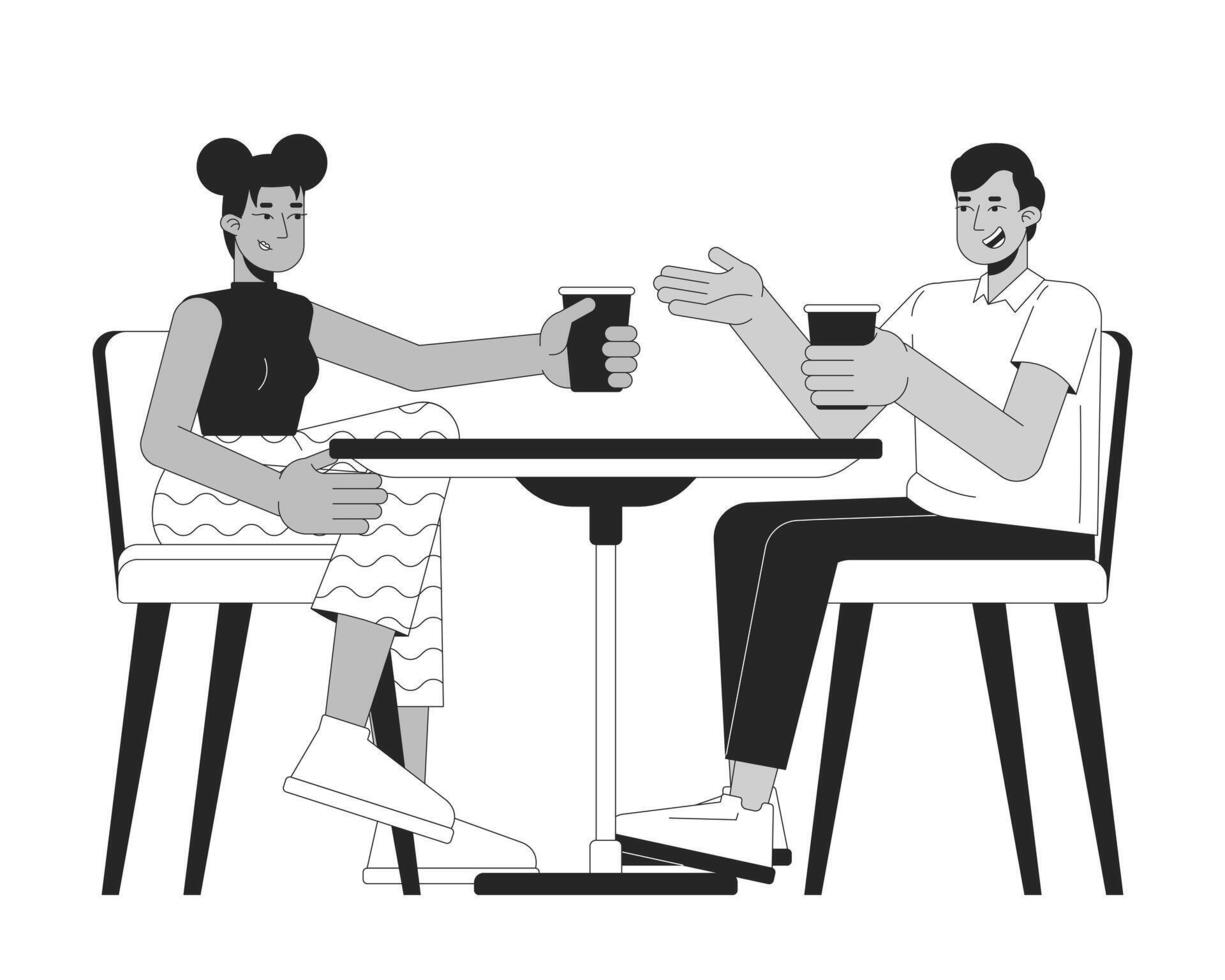 Multiracial friends with drinks in cafe black and white 2D line cartoon characters. Man and woman resting in coffeeshop isolated outline people. Date monochromatic flat spot illustration vector