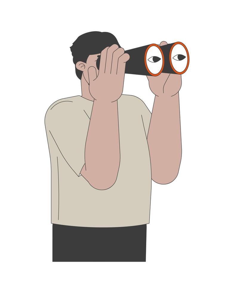Arab man looking in binoculars 2D linear cartoon character. Middle eastern male with optical device isolated line person white background. Observation color flat spot illustration vector
