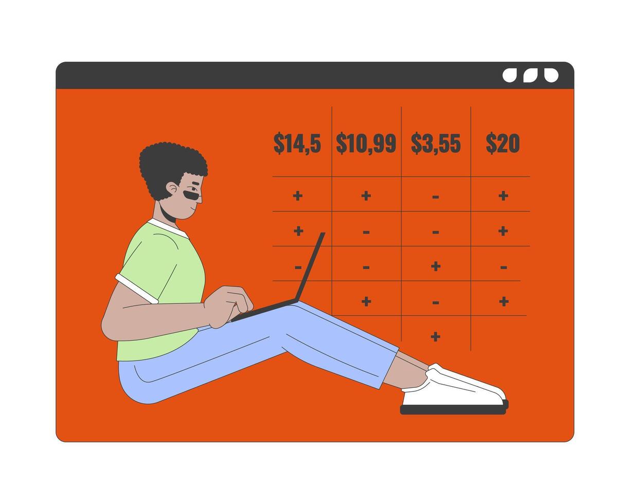 Latin american man with laptop and price chart 2D linear cartoon character. Online services user isolated line person white background. Choosing tariff color flat spot illustration vector
