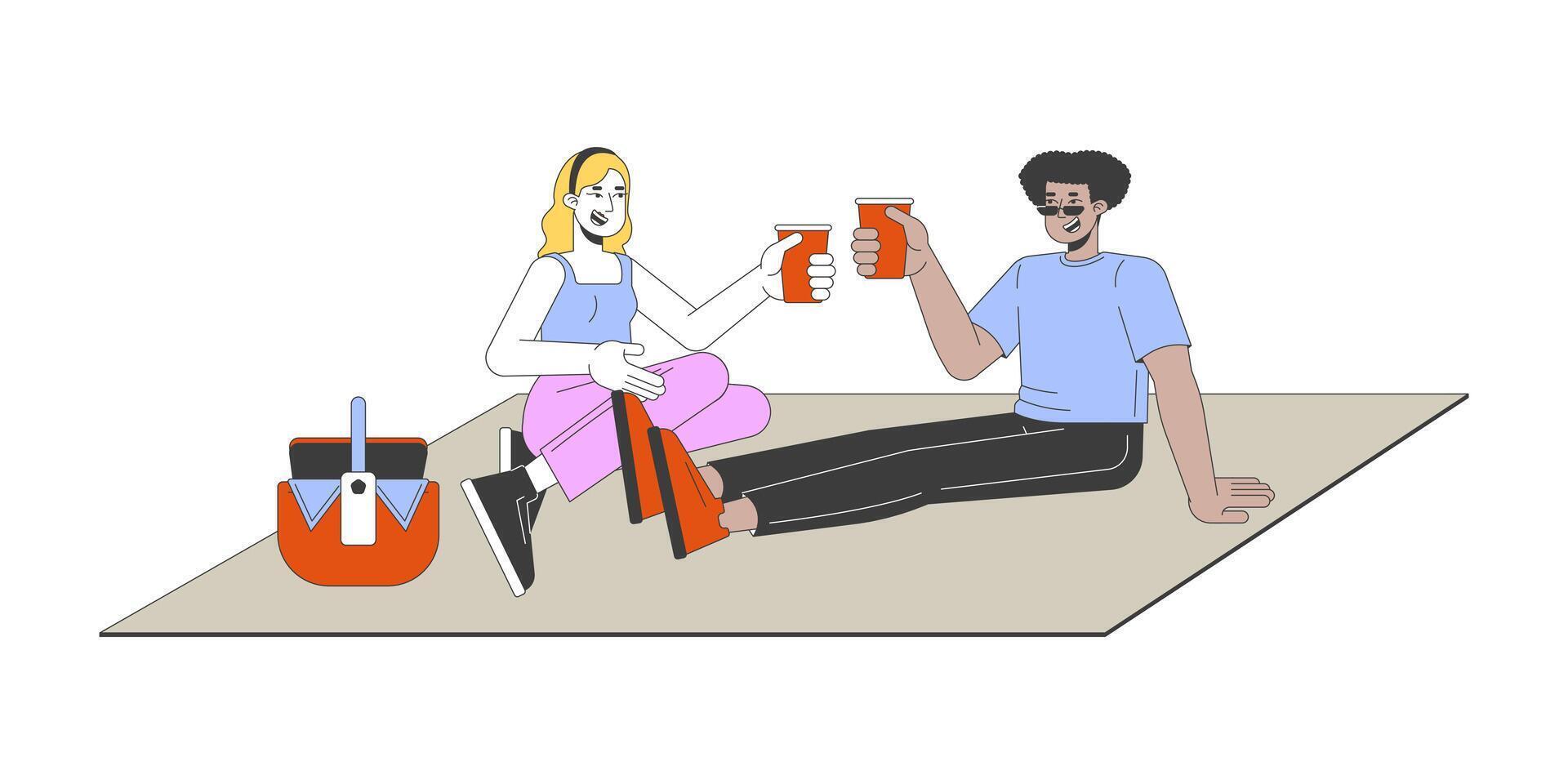 Multiethnic friends enjoying picnic 2D linear cartoon characters. Caucasian female and latin male outing isolated line people white background. Eating outdoors color flat spot illustration vector