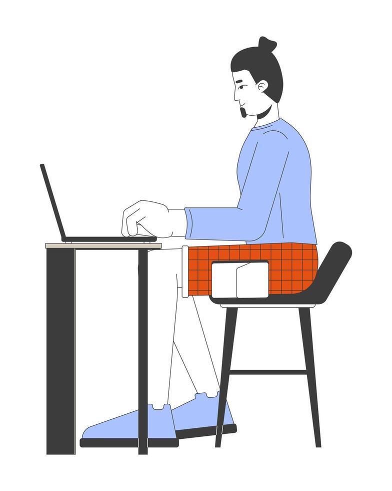 European man working on laptop 2D linear cartoon character. Caucasian male freelancer with computer isolated line person white background. Remote job color flat spot illustration vector