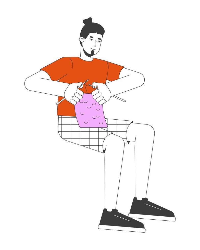 Caucasian man knitting 2D linear cartoon character. Relaxing leisure. Positive european male knitter isolated line person white background. Dressmaking hobby color flat spot illustration vector