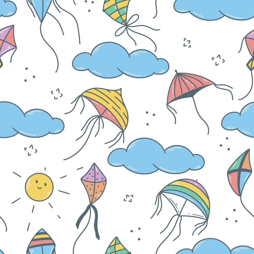 Different kites in sky seamless pattern vector