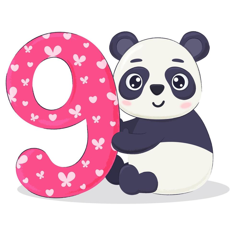 Funny panda bear character hold number nine. Kids ninth birthday celebration postcard, party invitation objects. vector