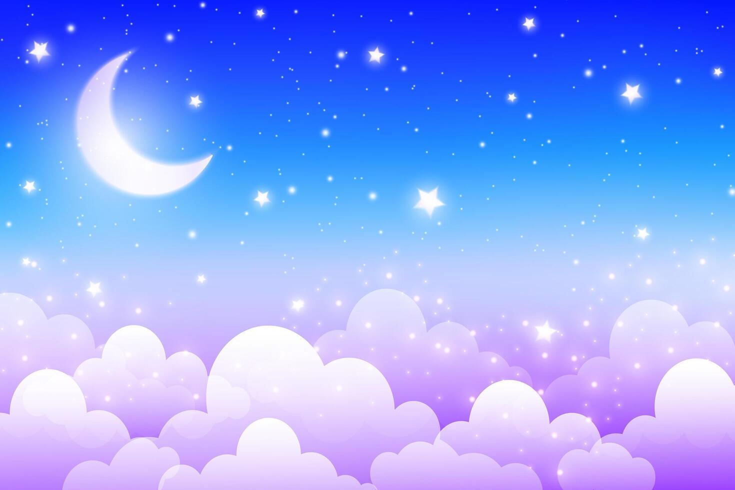 Night sky background. Cloudy blue space with moon and star. Sleepy cartoon fantasy midnight scene. Cute landscape with crescent. vector