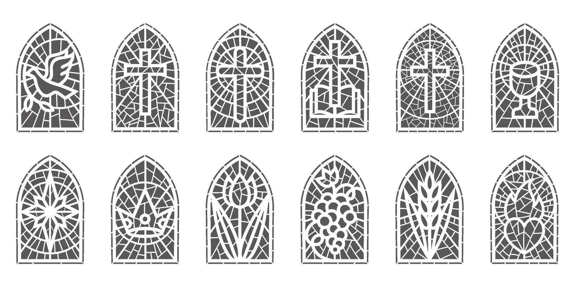 Church glass windows. Stained mosaic catholic and Christian frames with cross. Gothic medieval outline arches isolated on white background vector