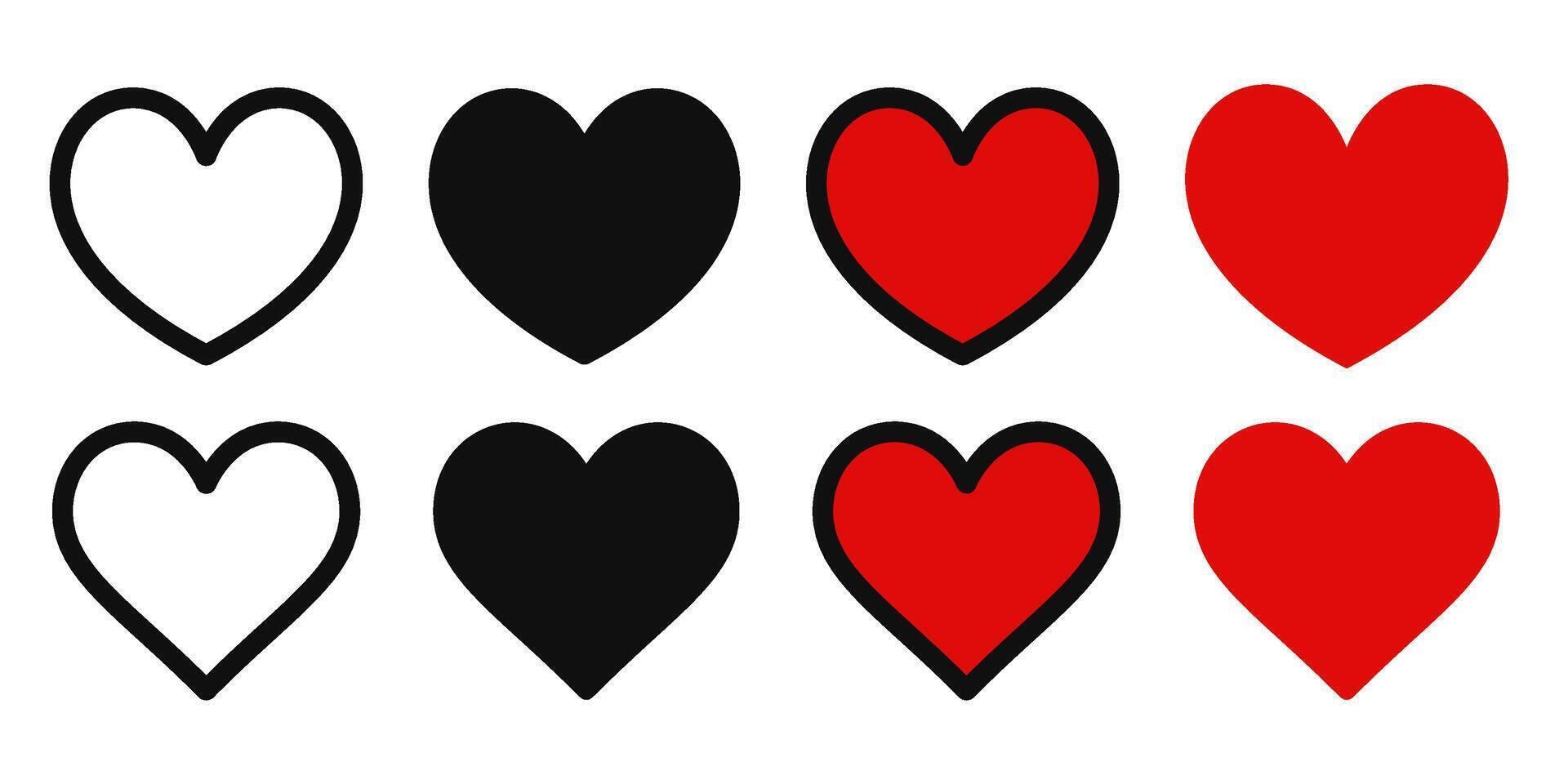 Hearts icons set. Love symbols shapes on white background. Valentine day outline set and red likes silhouettes. Black flat graphic. Social media stickers. vector