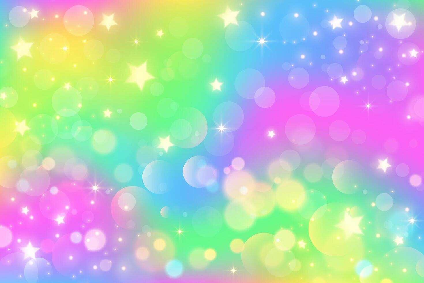 Rainbow gradient sky background. Unicorn space with glitter and stars. Holographic mermaid magic texture with bokeh. vector