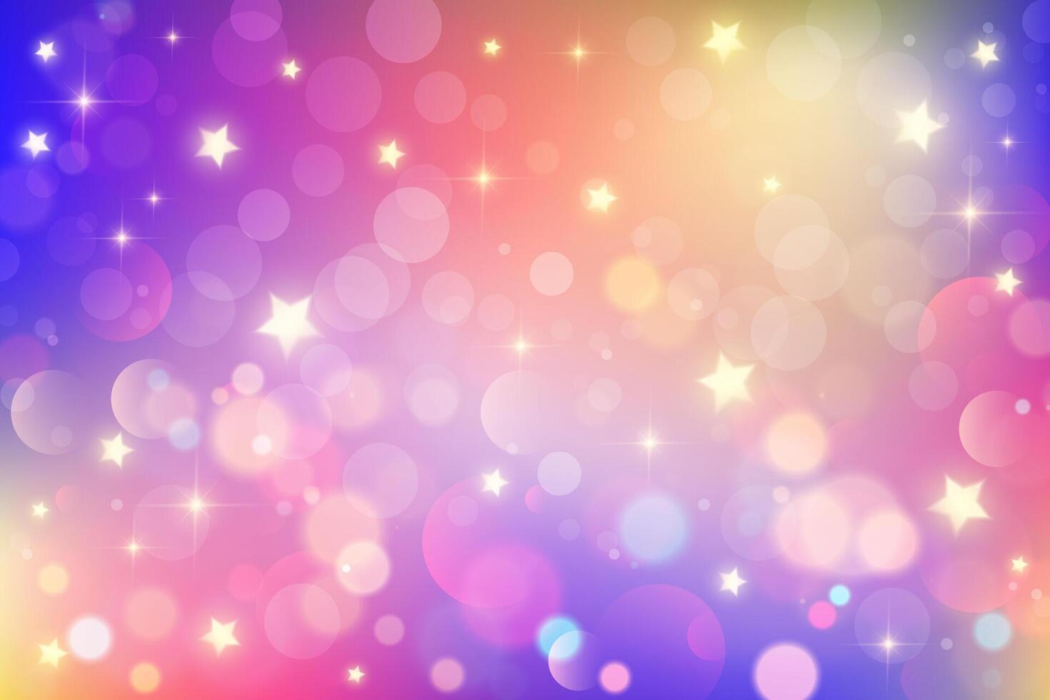 Rainbow unicorn background. Pastel pink sky with glitter and stars. Colored magic galaxy. Cute purple space with fairy sparkles and bokeh. Gradient space illustration. vector