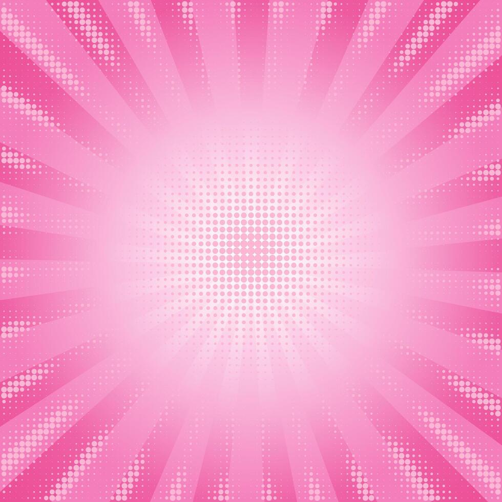Pink comic background with sunburst and rays. Cartoon pattern. Abstract retro anime frame. Radial manga backdrop with halftone effect. vector