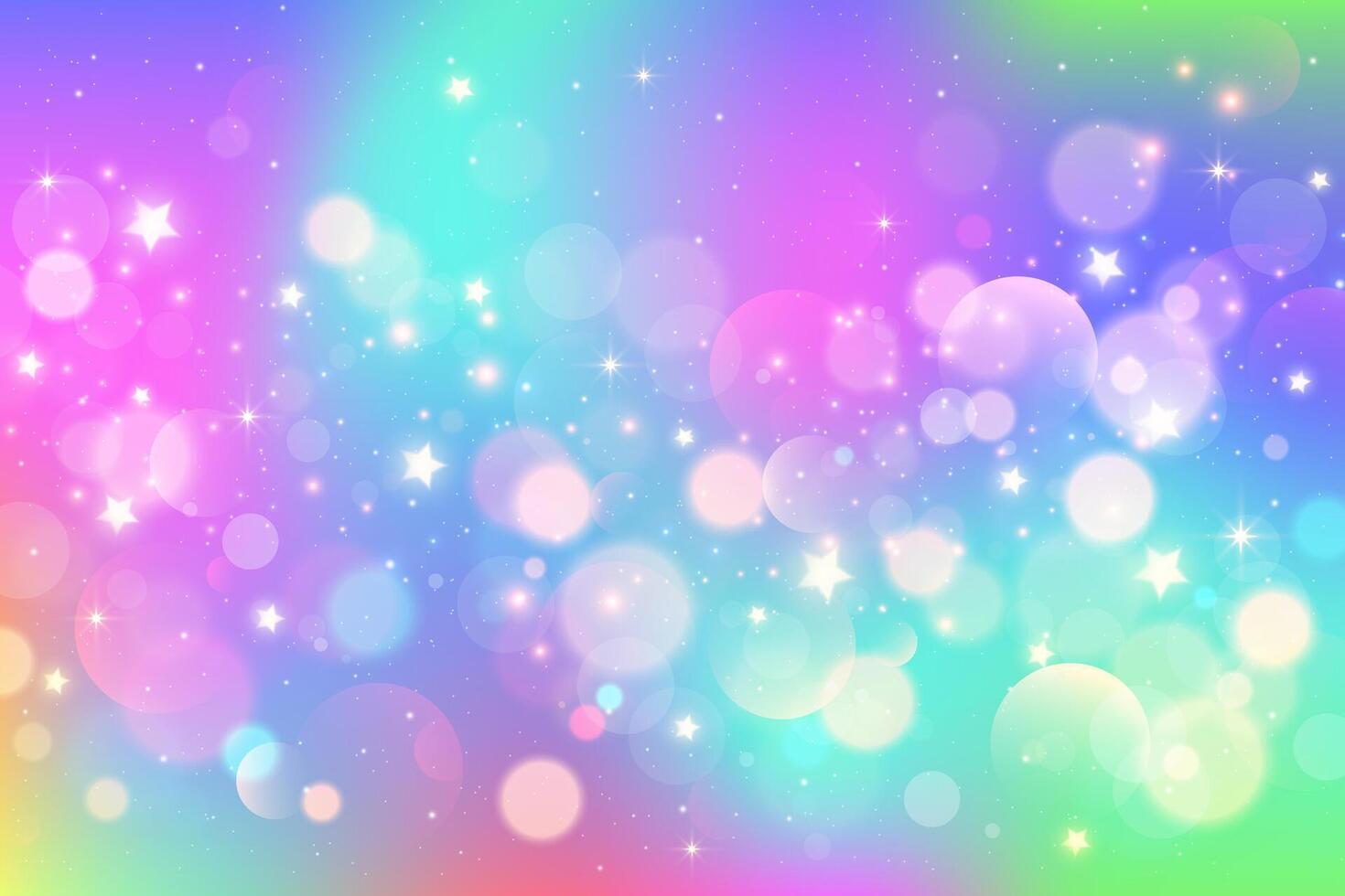 Rainbow gradient sky background. Unicorn space with glitter and stars. Holographic mermaid magic texture with bokeh. vector