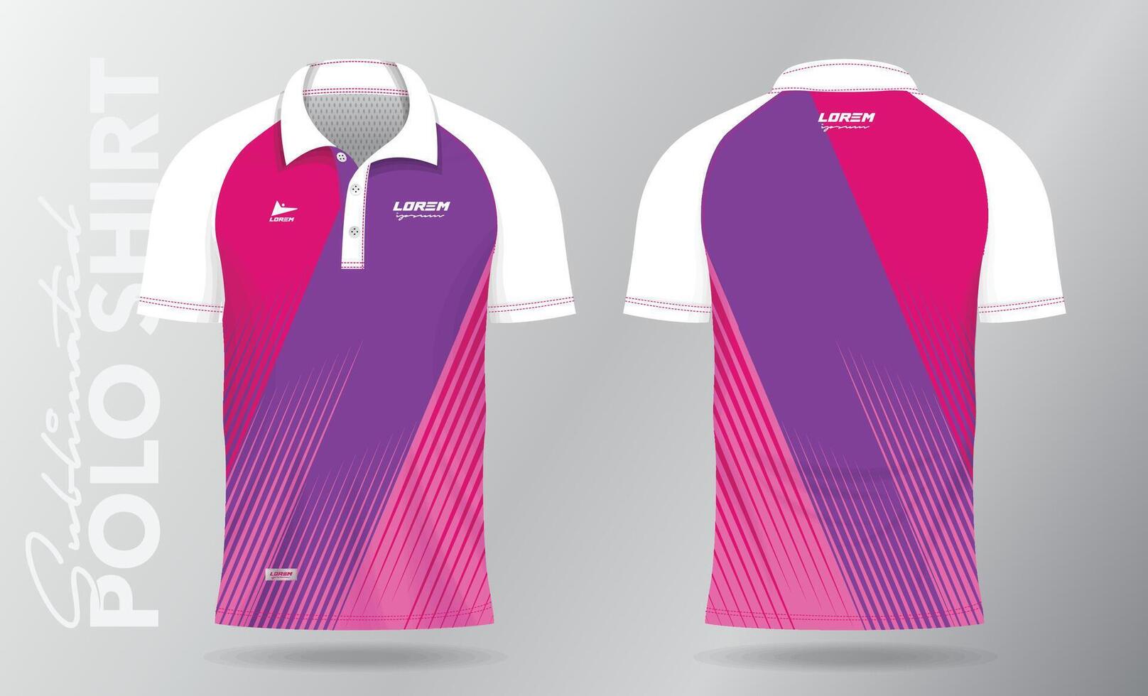pink and purple jersey polo shirt mockup template design for badminton, tennis, soccer, football or sport uniform in front view and back view. vector