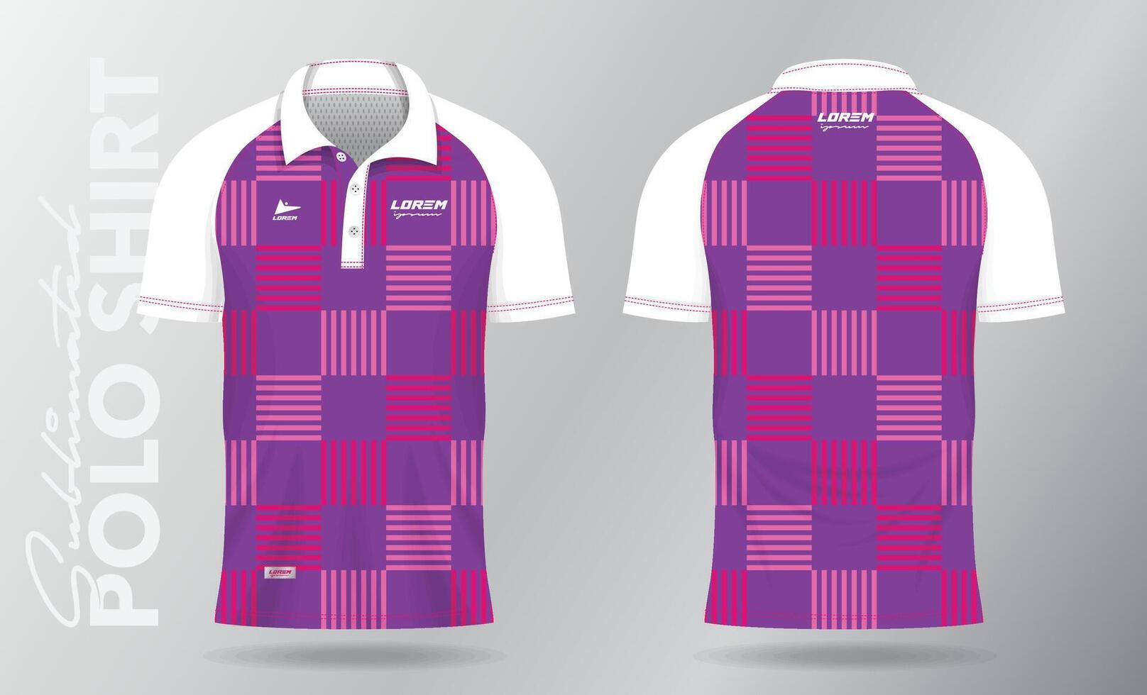 pink and purple jersey polo shirt mockup template design for badminton, tennis, soccer, football or sport uniform in front view and back view. vector