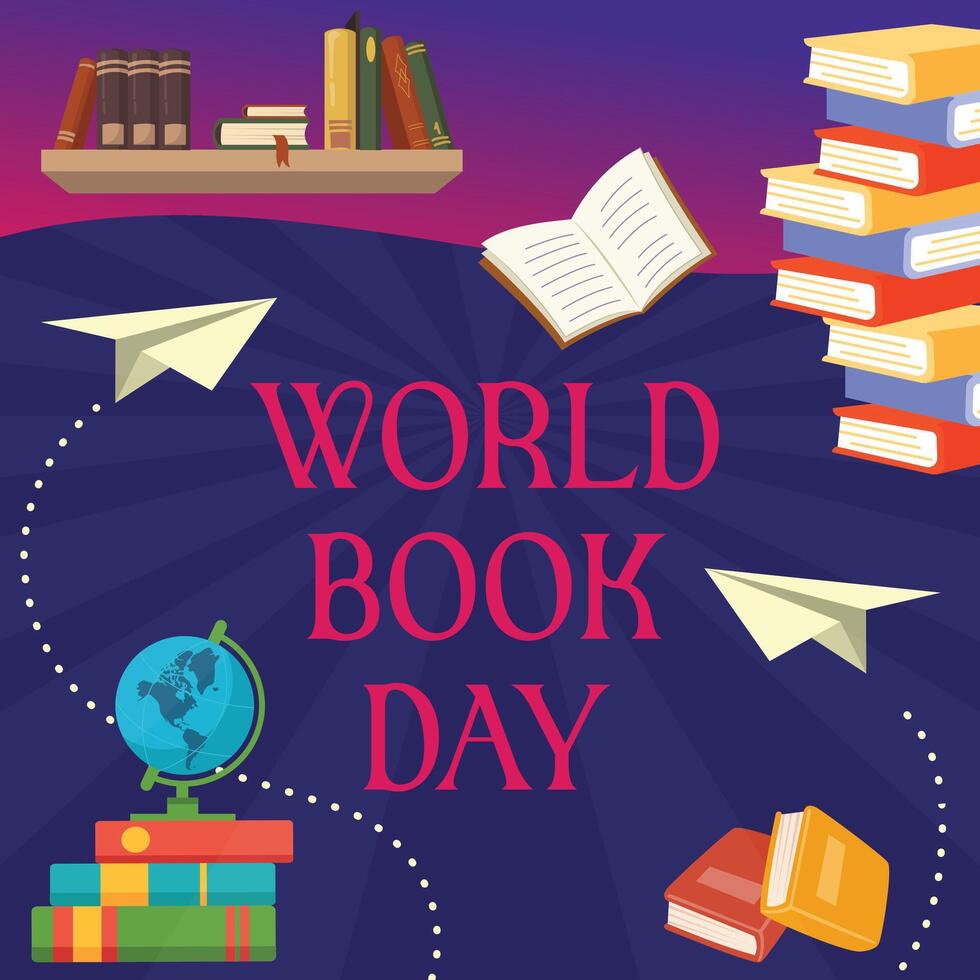 World book day illustration with books and objects related to education, World book day post vector