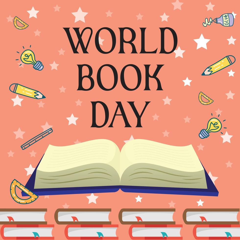 World book day illustration with books and objects related to education, World book day post vector