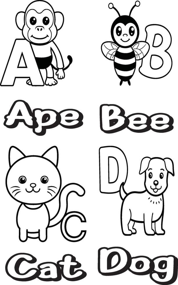 Black and white Alphabet book illustration for Children A to D vector