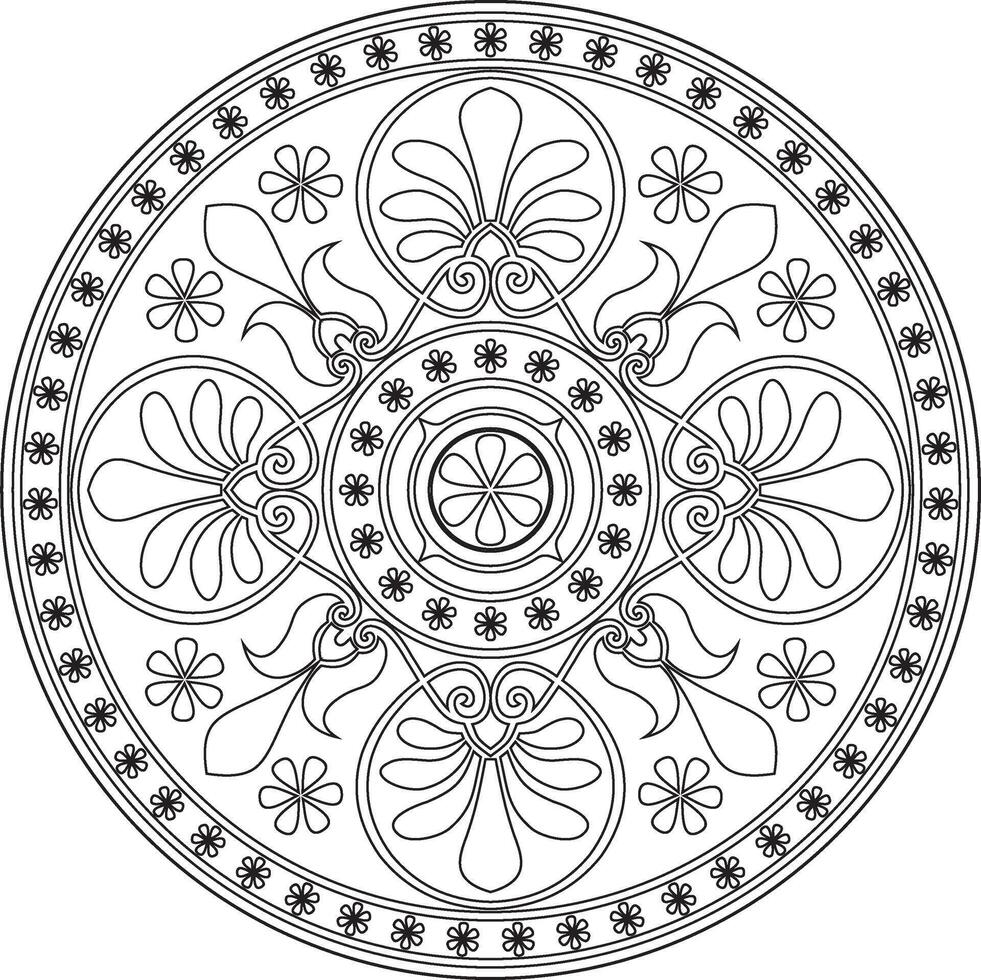 black monochrome classic Greek round outline ornament. Circle of Ancient Greece and the Roman Empire. Byzantine painting of walls, floors and ceilings. Template for stained glass. vector