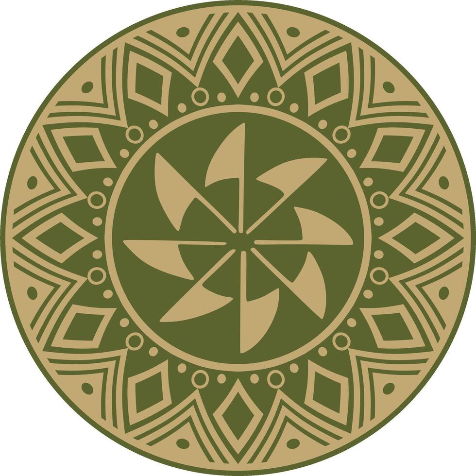Native American round gold with green pattern. Geometric shapes in a circle. National ornament of the peoples of America, Maya, Aztecs, Incas. vector