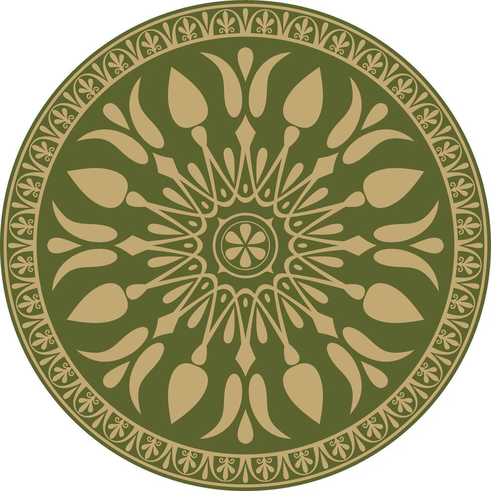 gold with green classic Greek round ornament. Circle of Ancient Greece and the Roman Empire. Byzantine painting of walls, floors and ceilings. Decoration of European palaces. vector
