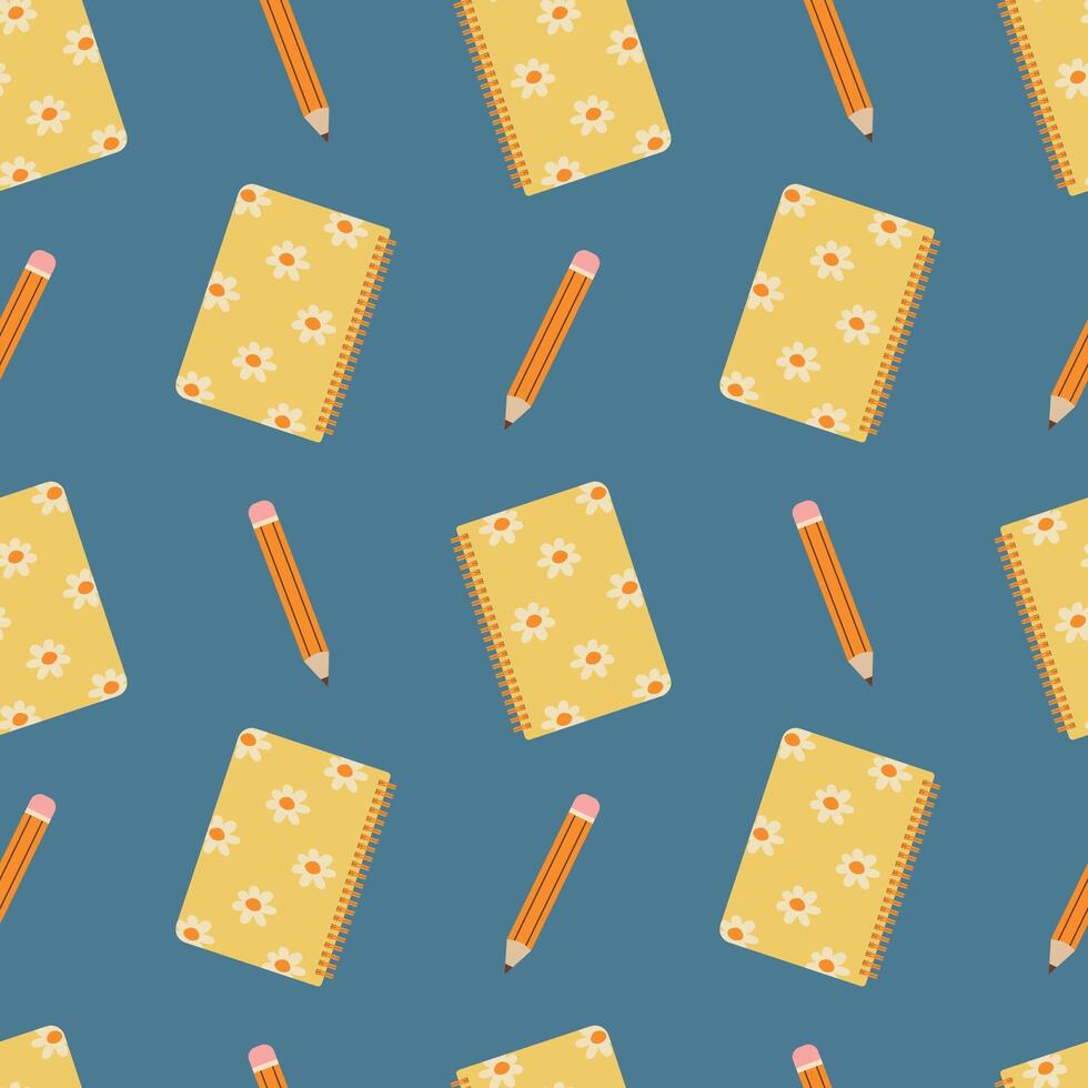 School notebook seamless pattern. Notepad and pencil on a blue background. illustration for cover, background, card, packaging vector