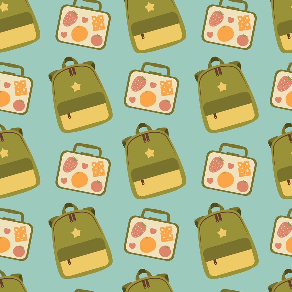 School seamless pattern. Backpack and lunch box on a light blue background. illustration for background, packaging, website, cover, card vector