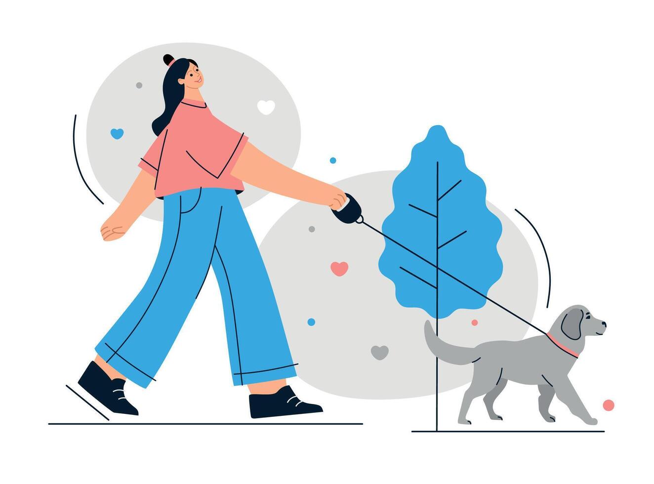 Woman walking with dog in the park. Outdoor activity concept. illustration. vector