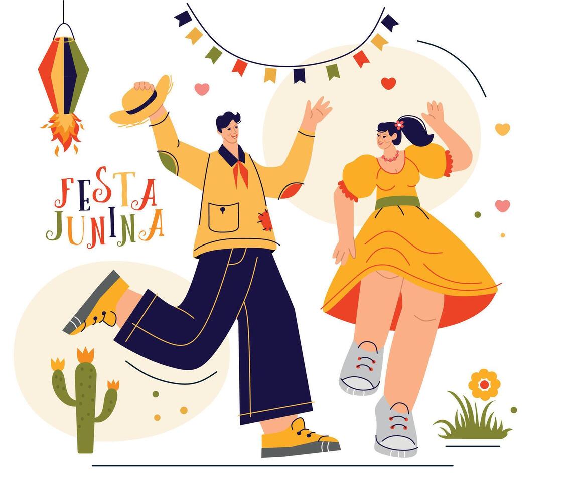 Festa junina festival elements. People and party objects, funny dancer in folk clothing, harvest country holiday, set. eps vector