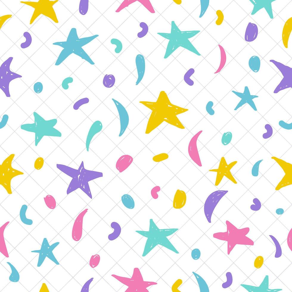 A seamless pattern of children's drawings, features a charming, naive texture that's perfect for youthful backgrounds. Hand-drawn cartoon scribbles, stars, and moon populate the pattern vector