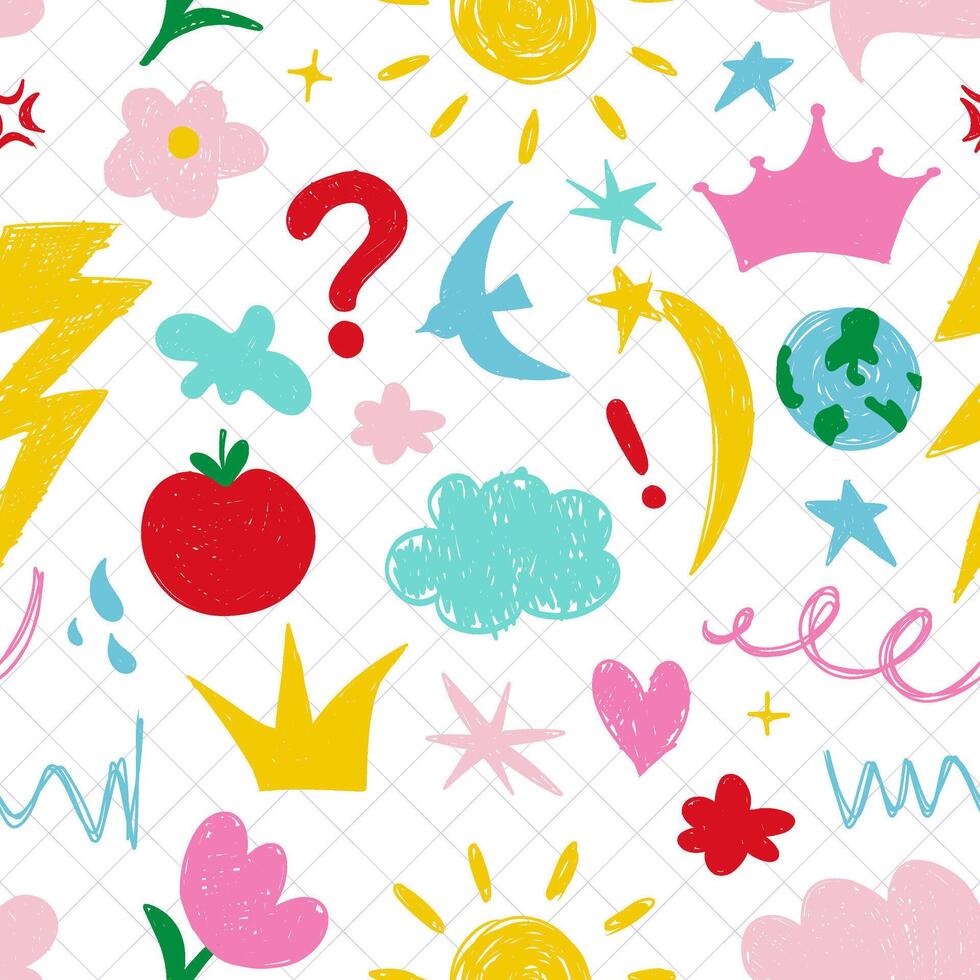A seamless pattern of children's drawings, features a charming, naive texture that's perfect for youthful backgrounds. Hand-drawn cartoon scribbles, stars, and apple populate the pattern vector