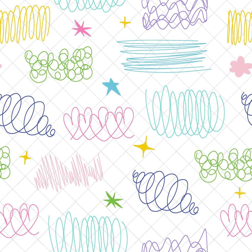 of childrens drawings features a charming, naive texture that's perfect for youthful backgrounds. Hand-drawn cartoon scribbles, waves, and stars populate the pattern, reminiscent of whimsical vector