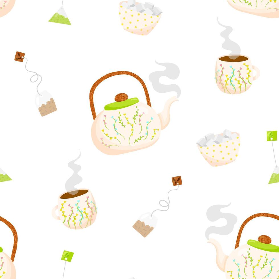 Tea set seamless pattern. Types of tea. Tea ceremony background, wallpaper, print, textile, fabric, wrapping paper, packaging design vector