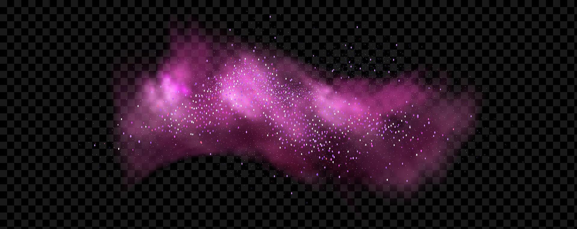 Pink powder dust with glittering shimmering swirls, shiny glitter design. Magical motion, sparkling lines on a black background. vector