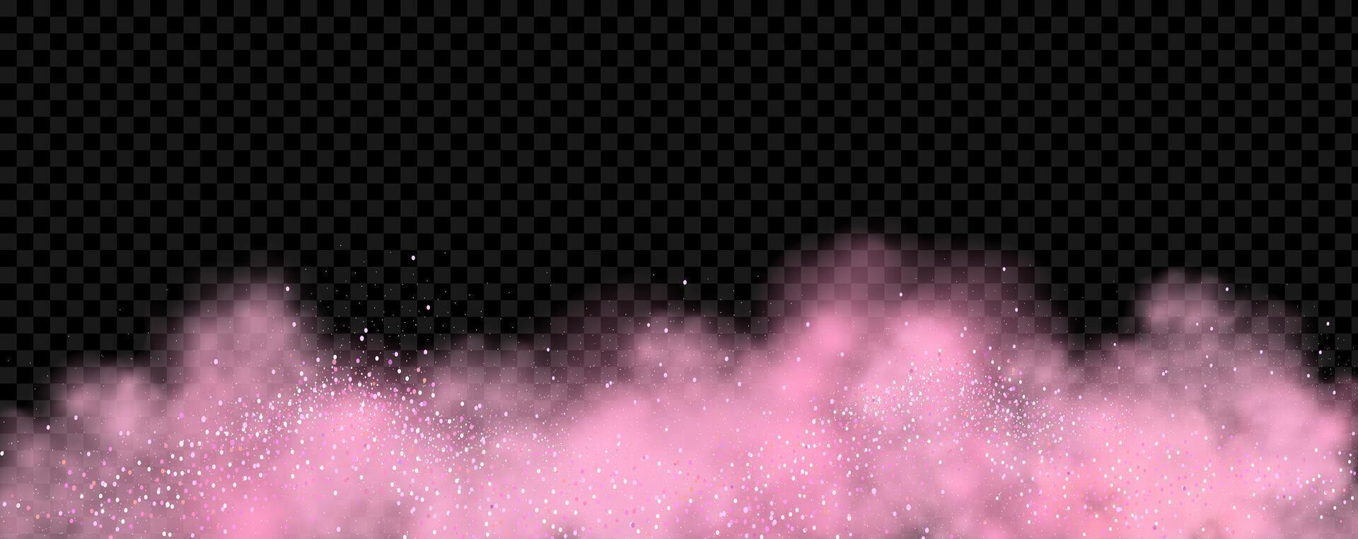 Pink powder dust with glittering shimmering swirls, shiny glitter design. Magical motion, sparkling lines on a black background. vector