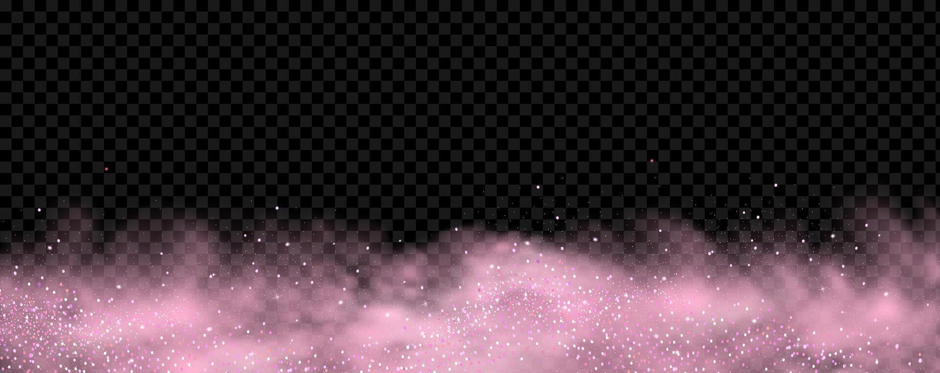 Pink powder dust with glittering shimmering swirls, shiny glitter design. Magical motion, sparkling lines on a black background. vector