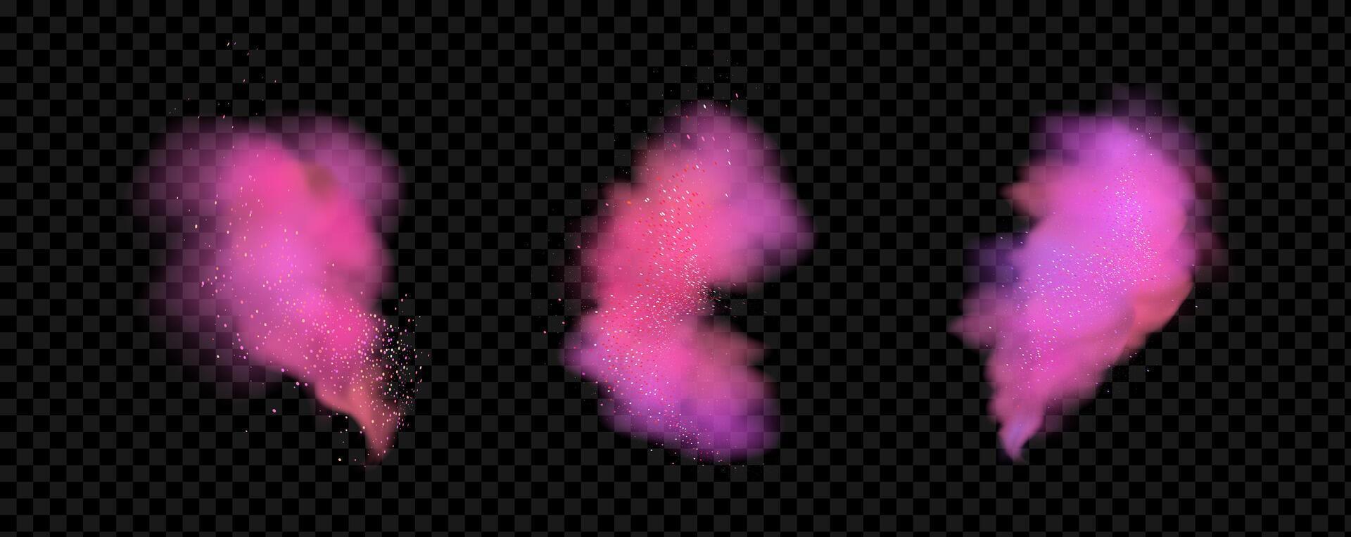 Pink powder dust with glittering shimmering swirls, shiny glitter design. Magical motion, sparkling lines on a black background. vector