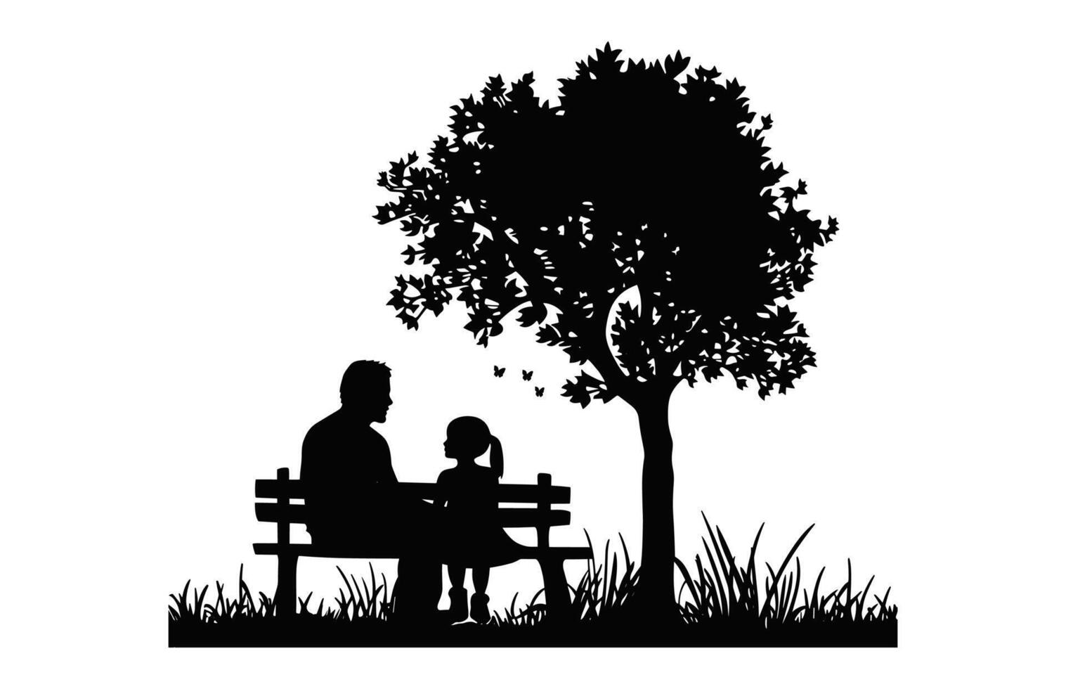 Father and daughter Sitting on Bench Under a tree black Silhouette vector