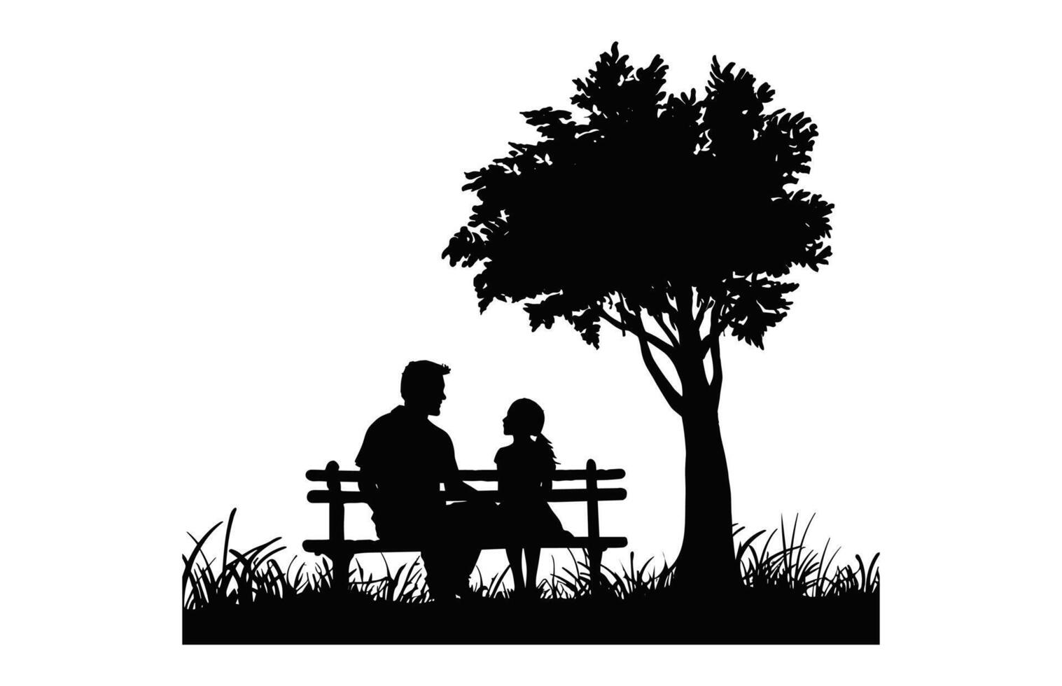 Dad and daughter Sitting on Bench Under a tree black Silhouette vector