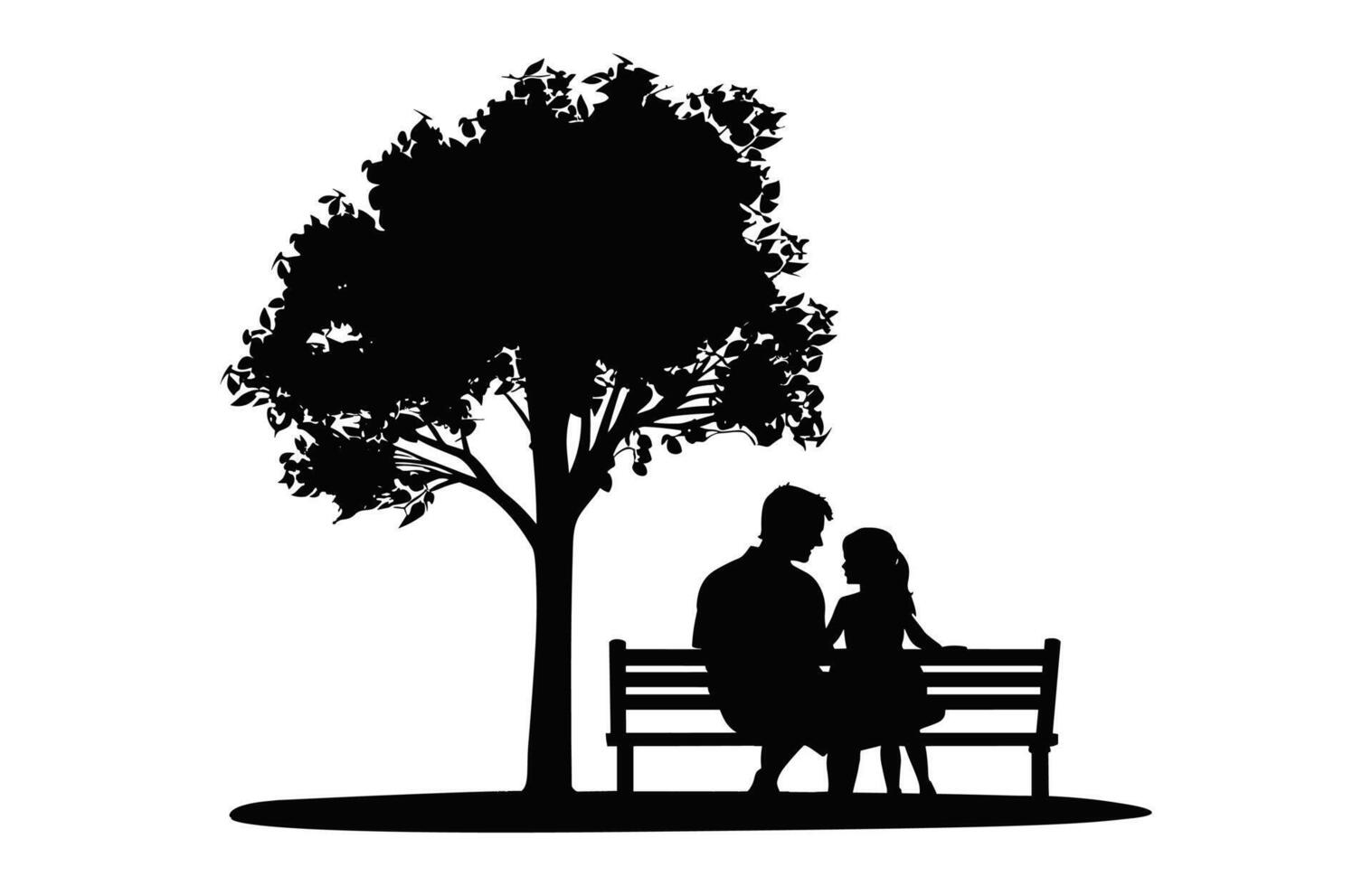 Dad and daughter Sitting on Bench Under a tree black Silhouette vector