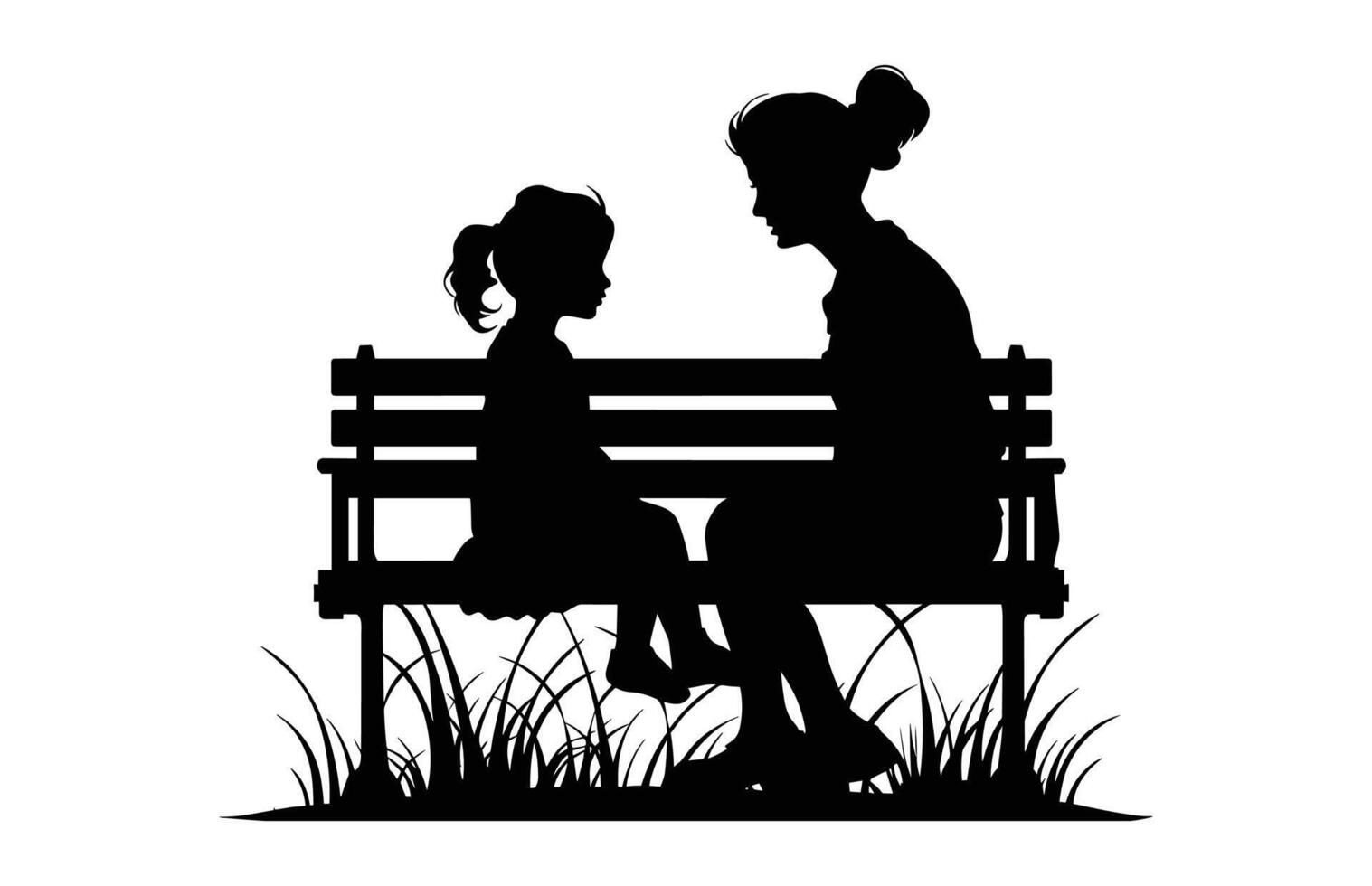 Mother daughter Sitting on a Bench black Silhouette vector