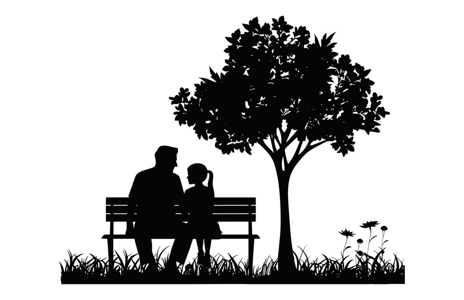 Father and daughter Sitting on Bench Under a tree Silhouette vector
