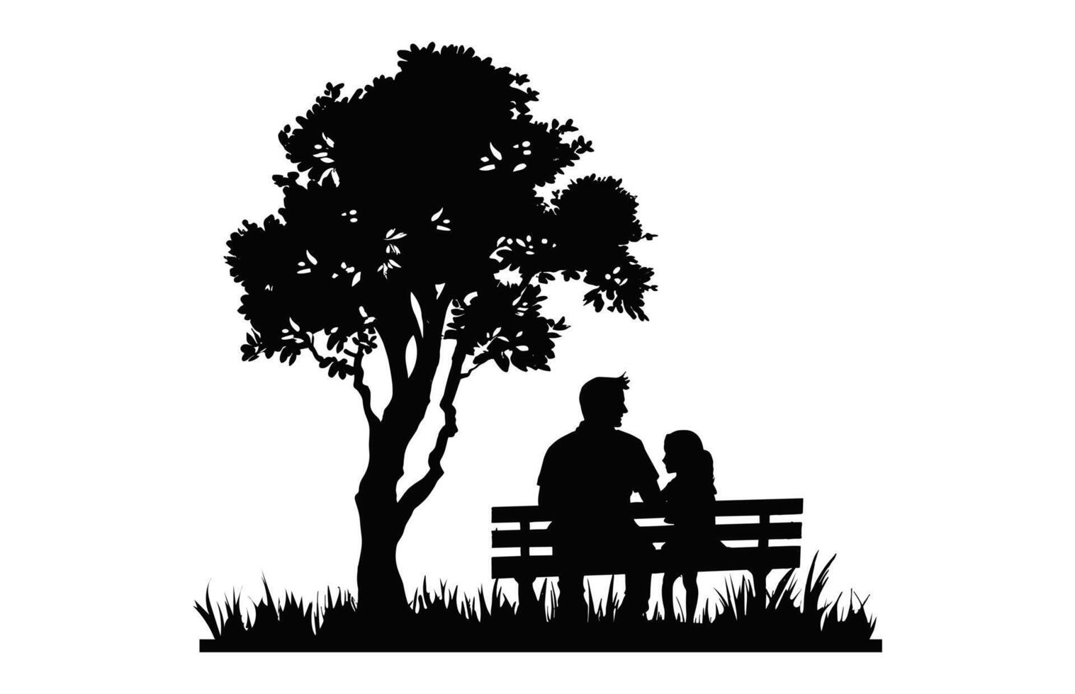 Father and daughter Sitting on Bench Under a tree black Silhouette vector