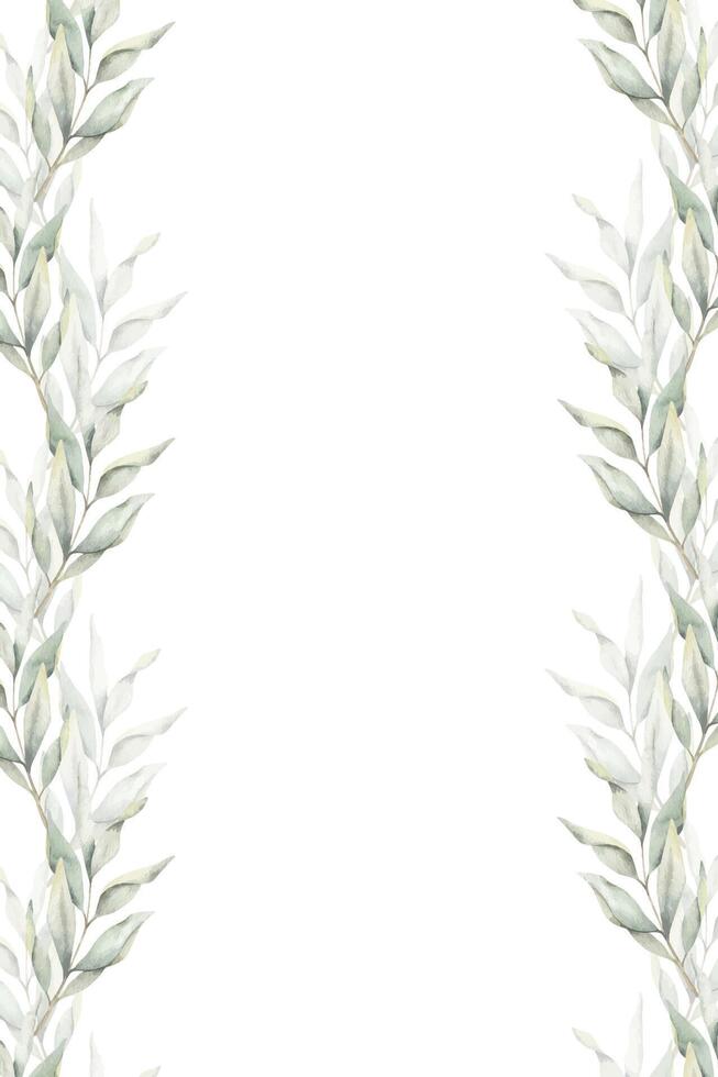Green branches with leaves. Hand drawn watercolor frame of Twigs. Summer floral template for wedding design, textiles, wrapping paper, scrapbooking vector